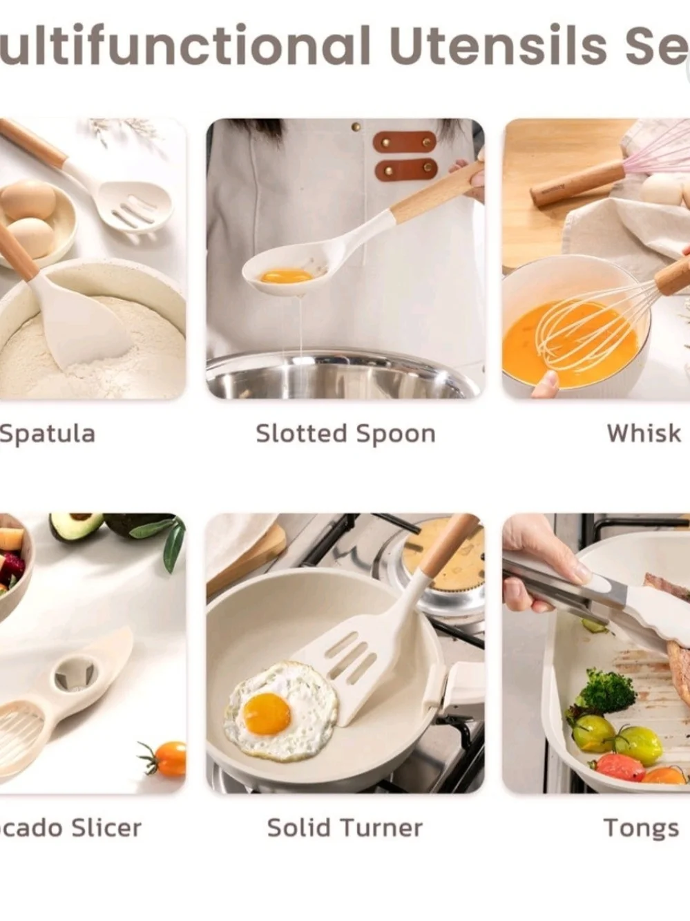 Astercook 38 Cream Kitchen Utensil Set with Wooden Handles